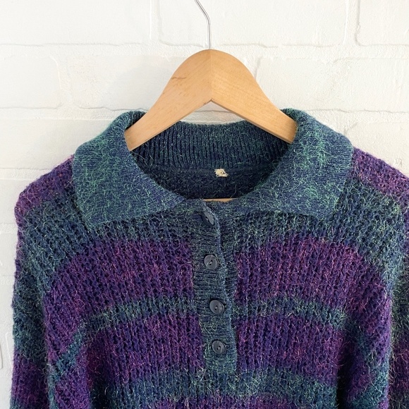 Vintage Knit Sweater/Tunic/dress Polo Stripes Metallic Iridescent purple Teal L - Picture 2 of 12